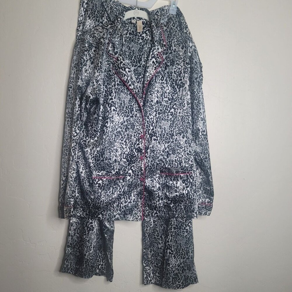 Ambrielle Leopard Print Satin Pajama Set Sz Lg Long Sleeve Long Pants Pink Trim